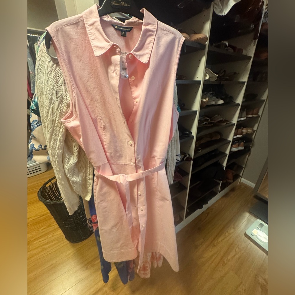 Brooks Brothers NWT Classic Sleeveless Belted Shirt Dress - Pink